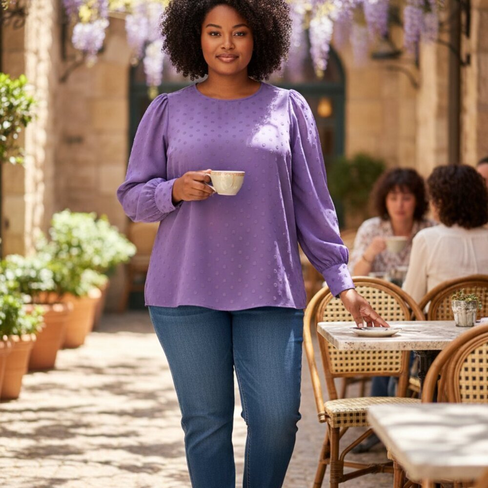 Torrid Women's Blouse Purple Chiffon Polka Dot Puff Sleeve Top Sheer